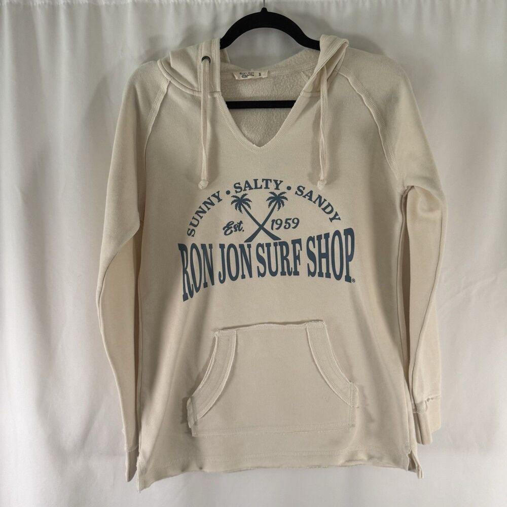 Ron Jon Surf Shop Hoodie Women's Small Ivory Fleece Lined Drawstring Pockets